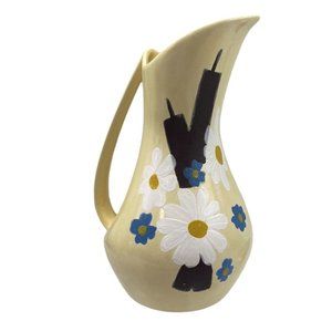 Vintage Hand Painted Ceramic Pitcher Farmhouse Cottage Decor Daisies & Cattails